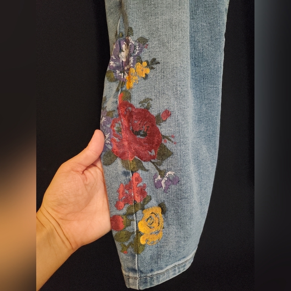 Floral Painted Light Blue Jeans - Picture 2 of 6